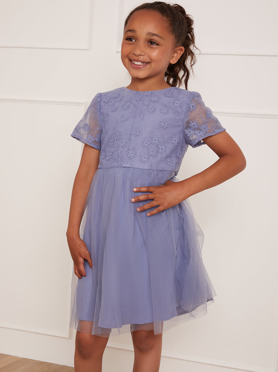 Younger Girls Floral Embroidered Midi Dress in Blue