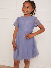 Younger Girls Floral Embroidered Midi Dress in Blue