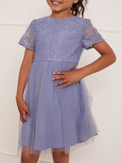 Younger Girls Floral Embroidered Midi Dress in Blue