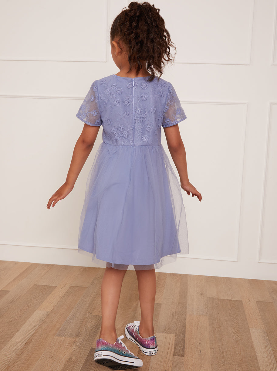 Younger Girls Floral Embroidered Midi Dress in Blue