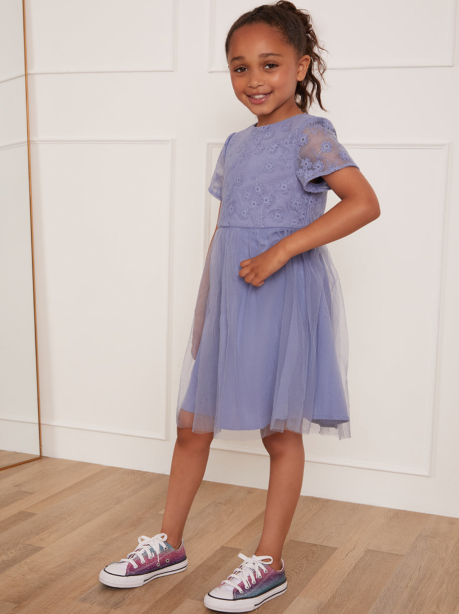 Younger Girls Floral Embroidered Midi Dress in Blue