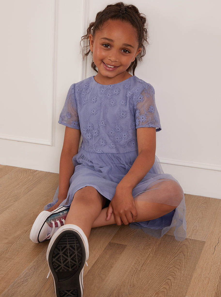 Younger Girls Floral Embroidered Midi Dress in Blue
