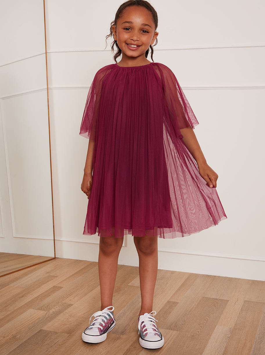 Younger Girls Pleated Bell Sleeve Midi Dress in Purple