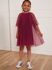 Younger Girls Pleated Bell Sleeve Midi Dress in Purple