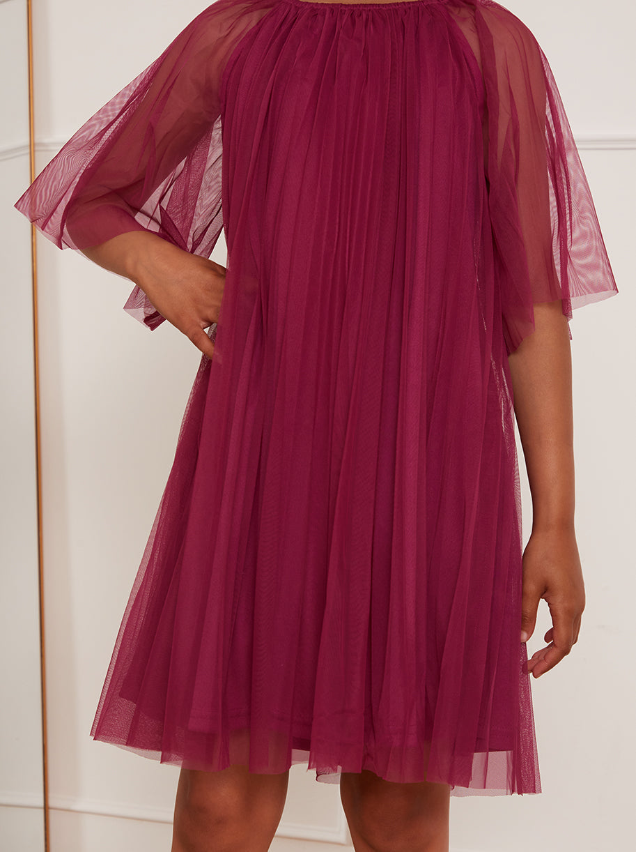 Younger Girls Pleated Bell Sleeve Midi Dress in Purple
