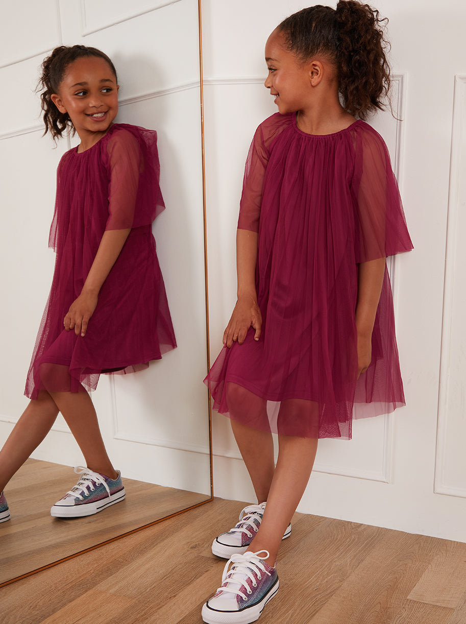 Younger Girls Pleated Bell Sleeve Midi Dress in Purple
