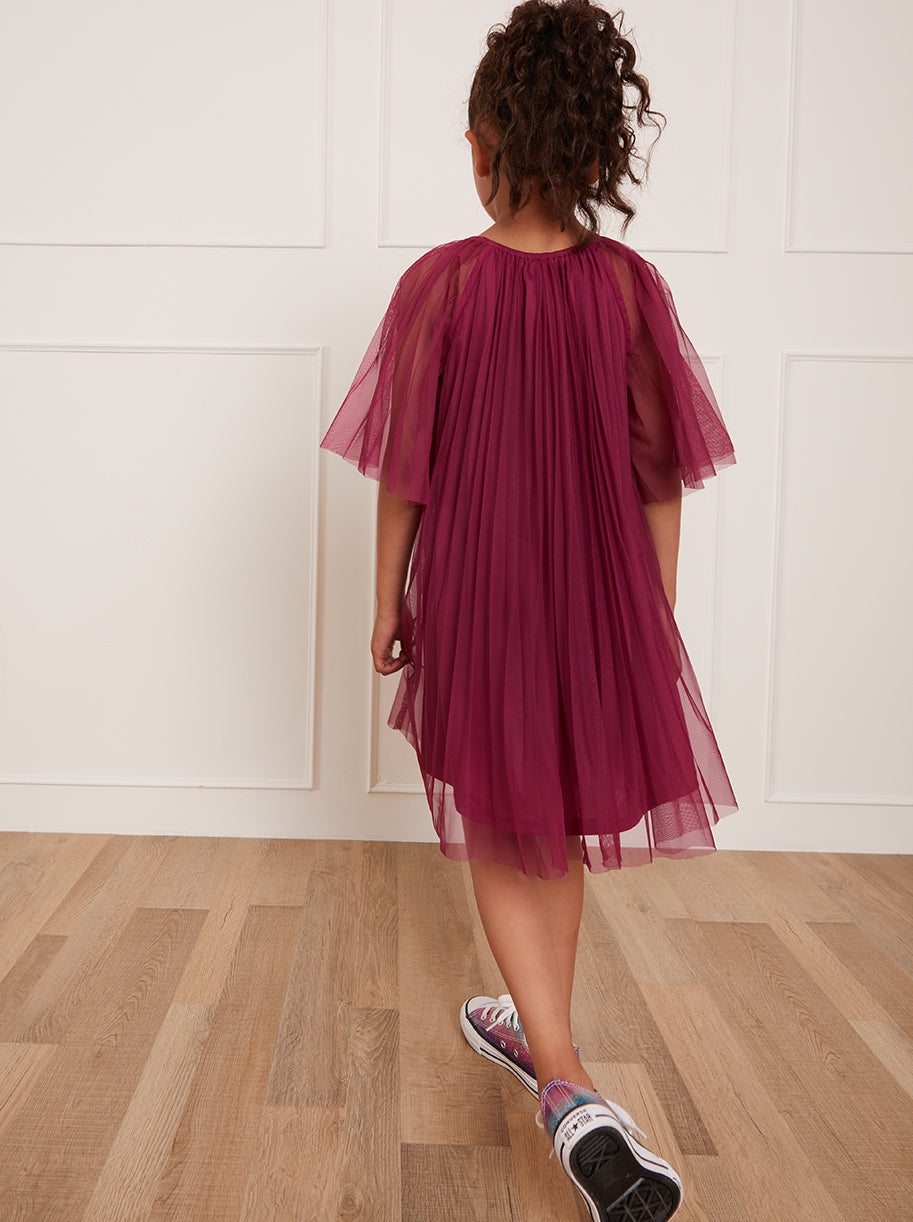 Younger Girls Pleated Bell Sleeve Midi Dress in Purple