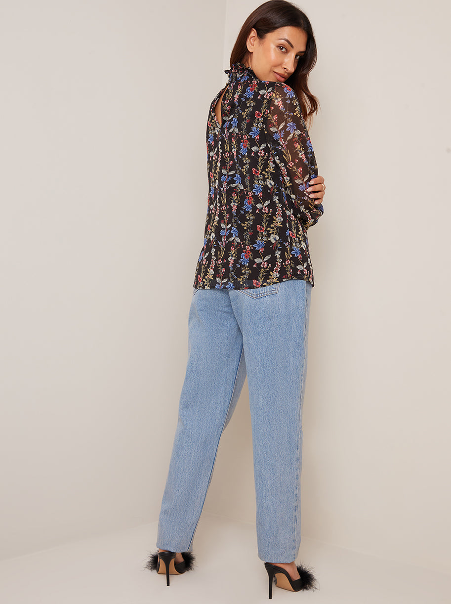High Neck Long Sleeve Floral Blouse in Black