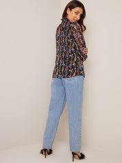 High Neck Long Sleeve Floral Blouse in Black