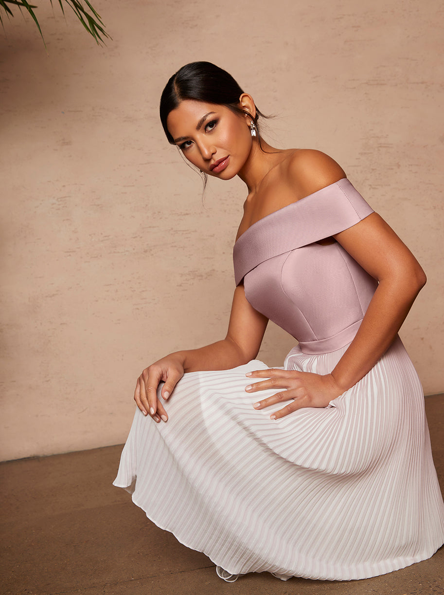 Bardot Ombre Pleated Midi Dress in Pink | Chi Chi London UK Bardot Ombre Pleated Midi Dress in Pink | Chi Chi London UK