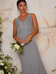 Lace Bodice Maxi Evening Dress in Grey