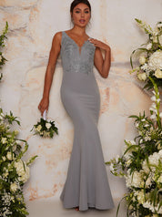 Lace Bodice Maxi Evening Dress in Grey