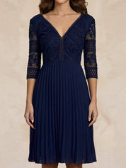Long Sleeve V Neck Midi Dress in Navy