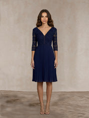 Long Sleeve V Neck Midi Dress in Navy