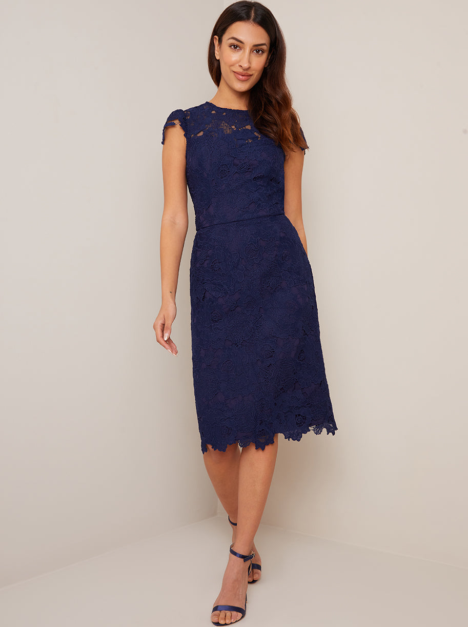 chi chi london embroidered bodice midi dress Cap Sleeve Embroidered Bodice Skater Dress in Blue