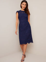 Cap Sleeve Embroidered Bodice Skater Dress in Blue