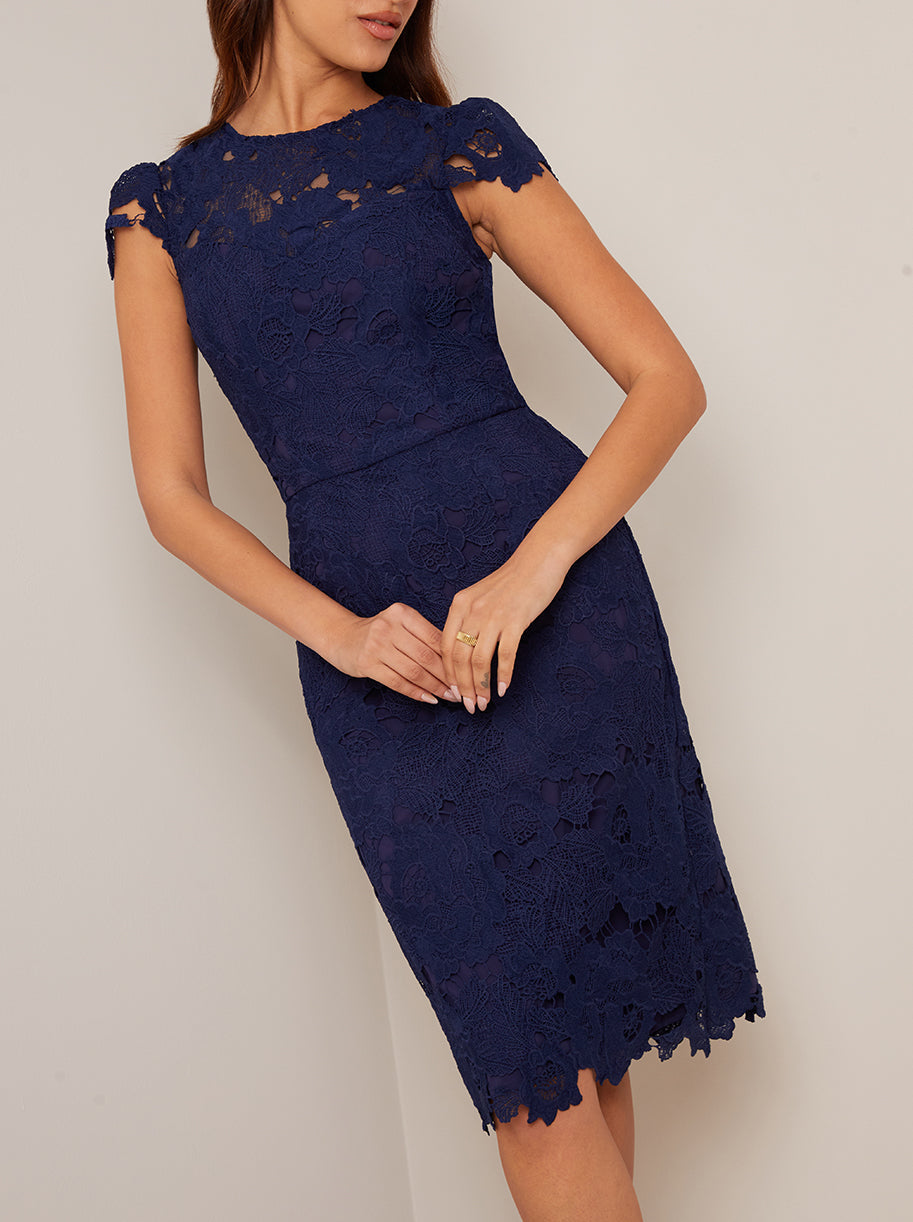 Cap Sleeve Embroidered Bodice Skater Dress in Blue