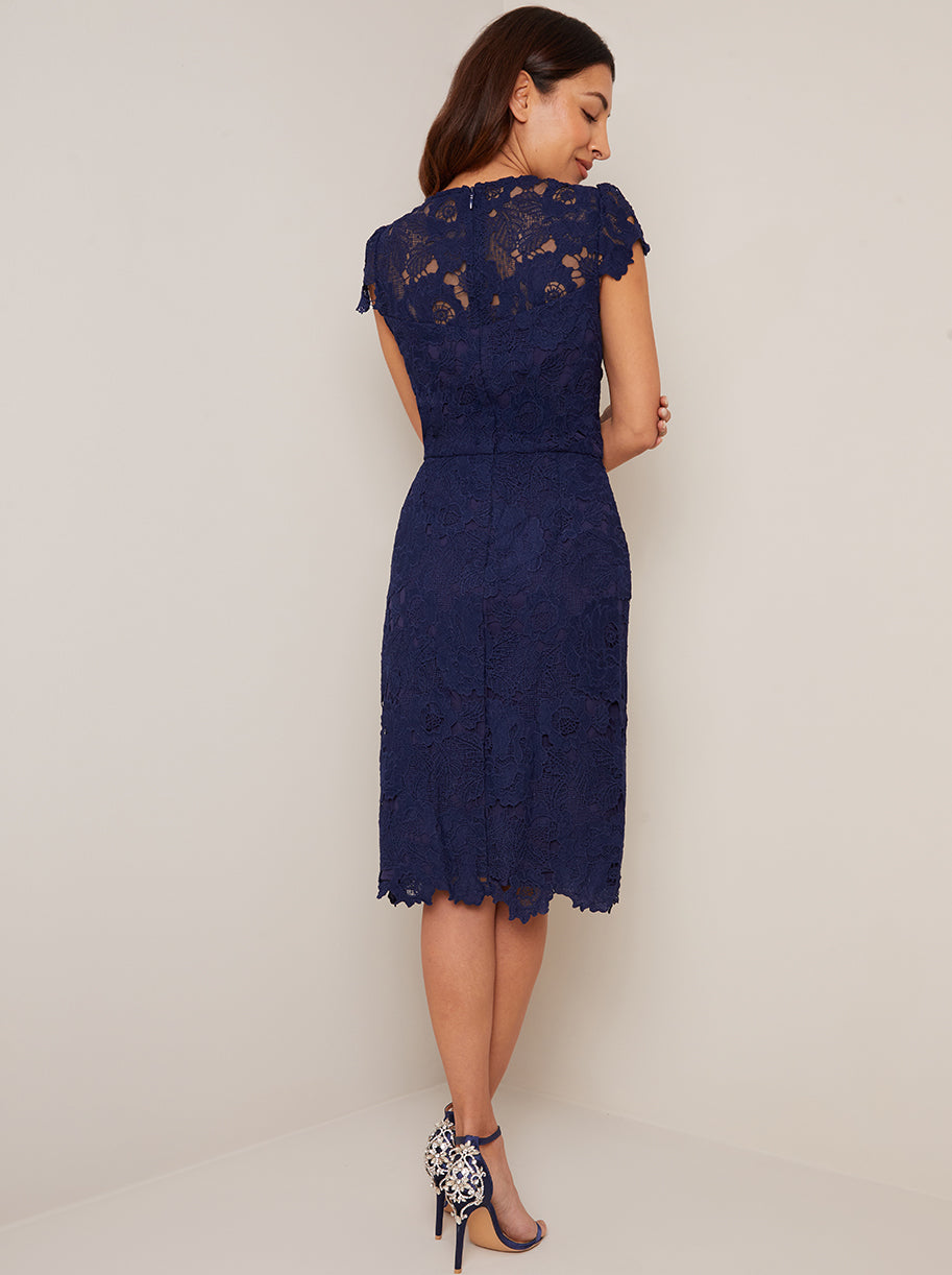 Cap Sleeve Embroidered Bodice Skater Dress in Blue