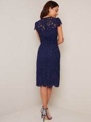 Cap Sleeve Embroidered Bodice Skater Dress in Blue