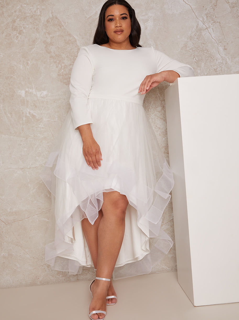 Plus Size Tulle Dip Hem Bridal Dress with Long Sleeves in White