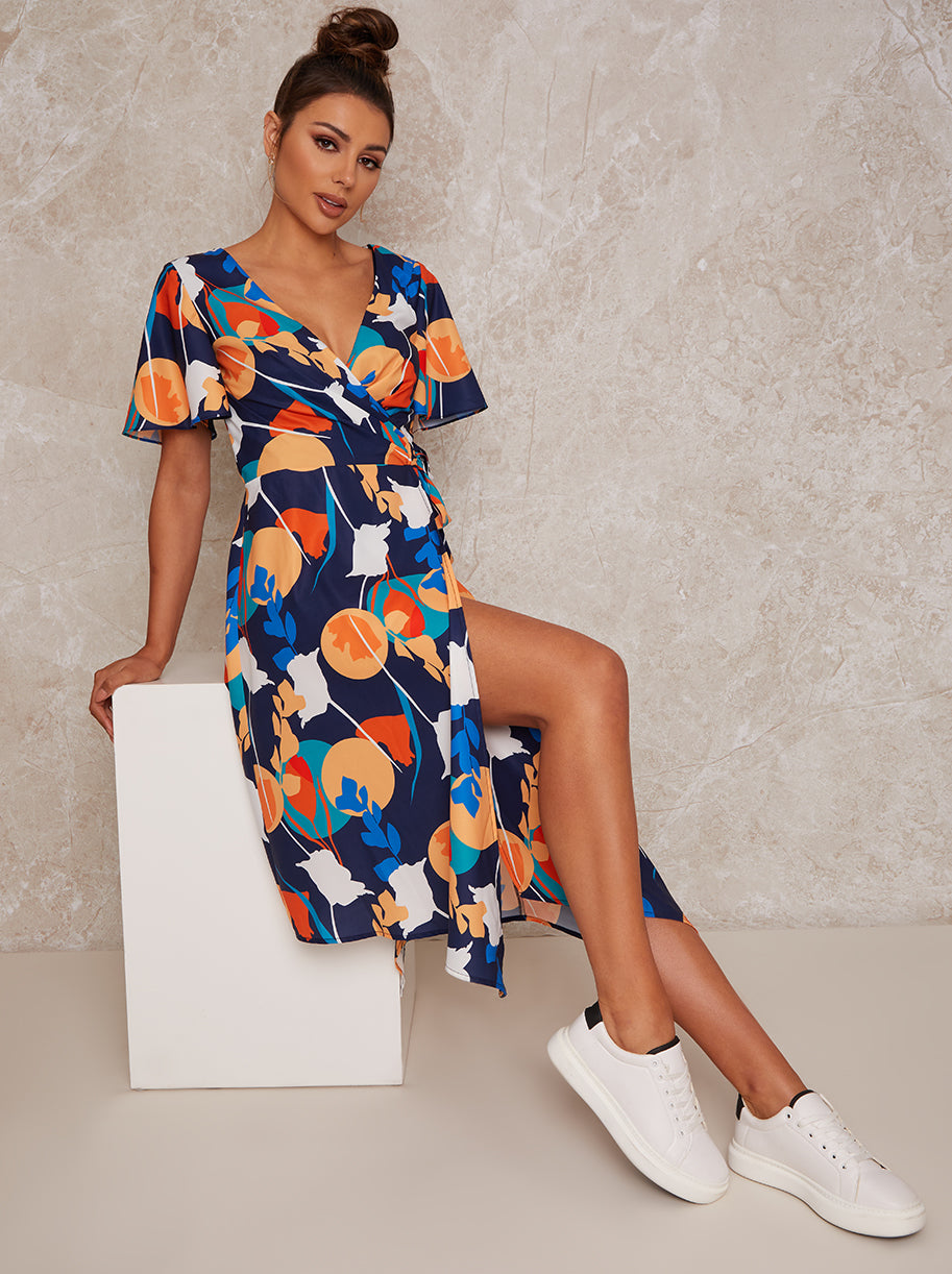Abstract Print Midi Wrap Day Dress with Short Sleeves in Blue