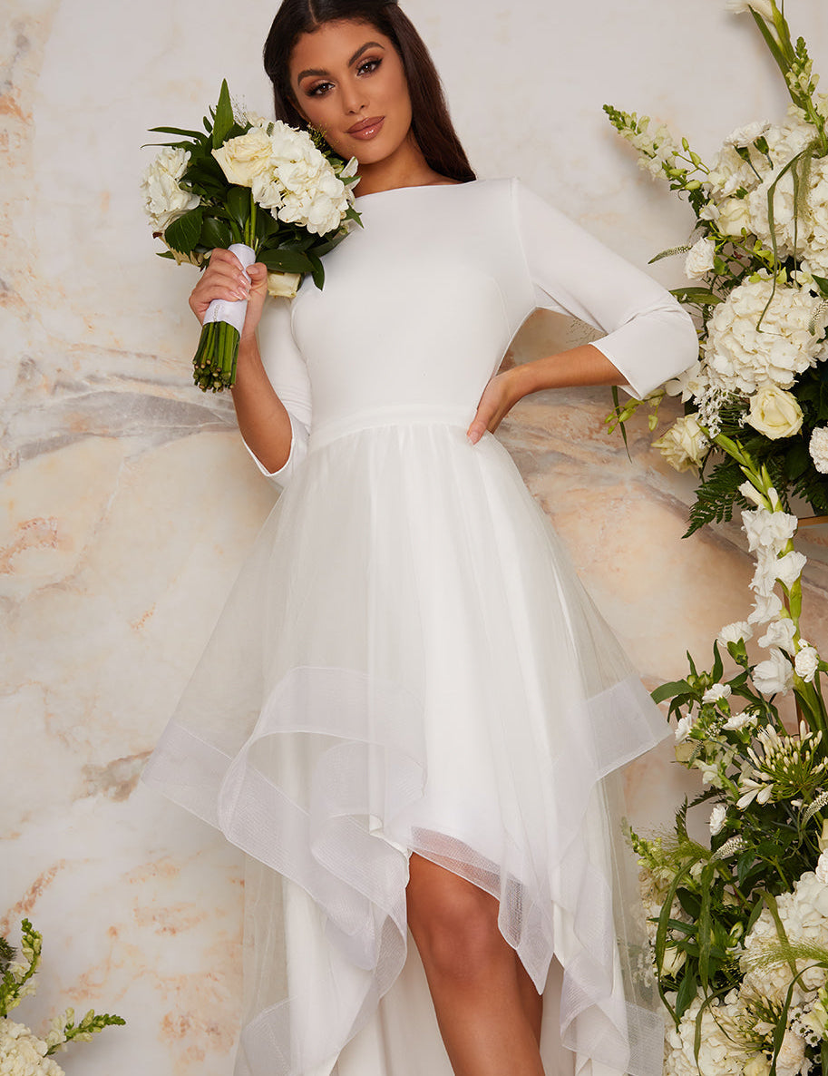 Tulle Dip Hem Wedding Dress with Long Sleeves in White