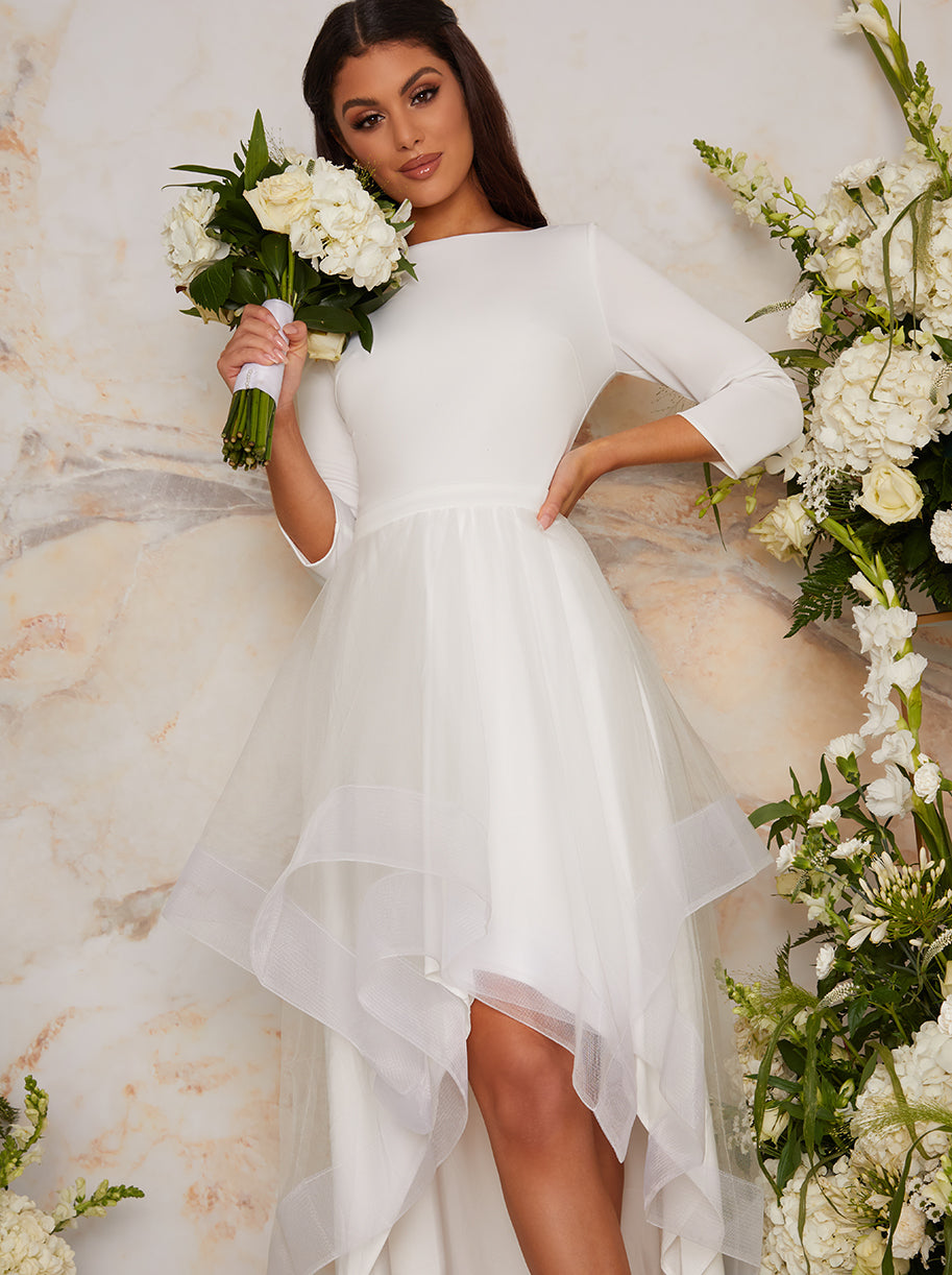 Tulle Dip Hem Wedding Dress with Long Sleeves in White