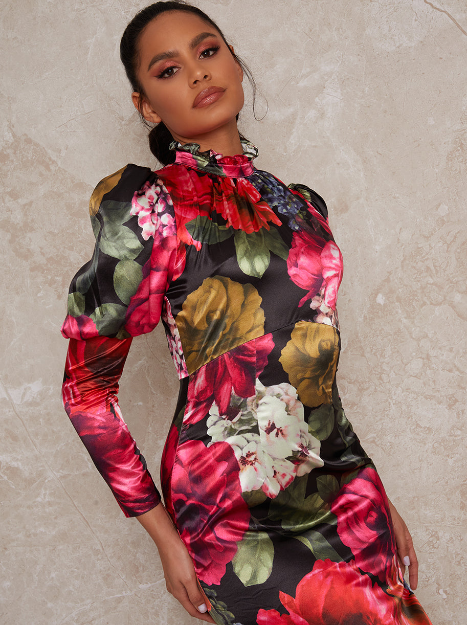 Long Sleeve Floral Puff Shoulder Midi Dress in Multi