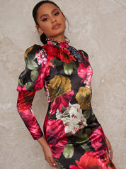 Long Sleeve Floral Puff Shoulder Midi Dress in Multi