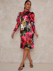 Long Sleeve Floral Puff Shoulder Midi Dress in Multi