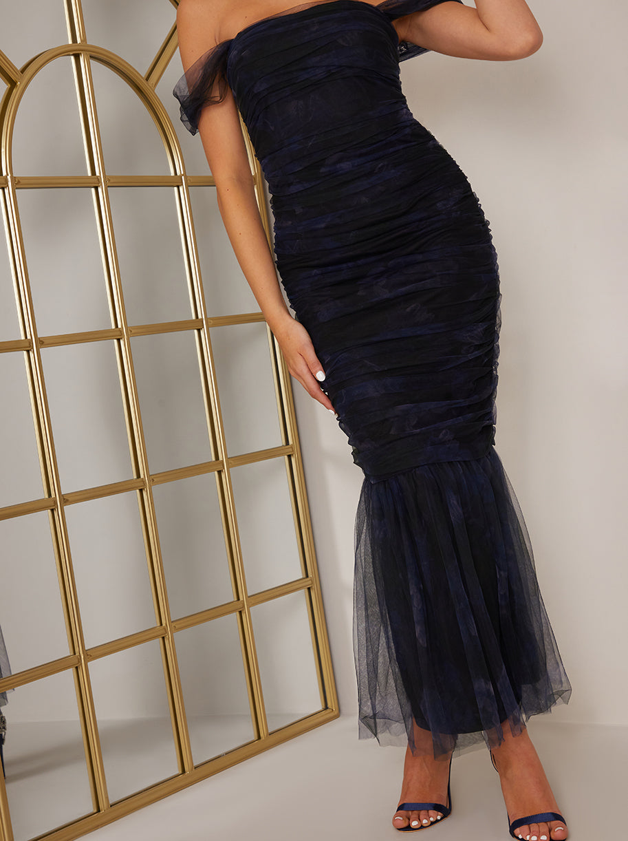 Bardot Ruched Mesh Maxi Dress in Black