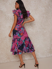 Ruffle Hem Floral Abstract Midi Dress in Multi