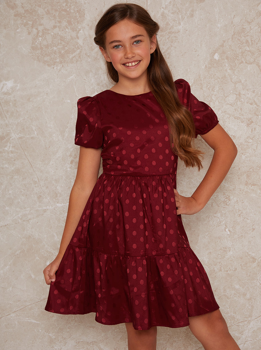 Girls Spot Print Satin Tiered Midi Dress Red
