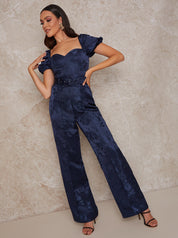 Puff Sleeve Sweetheart Jacquard Jumpsuit in Navy