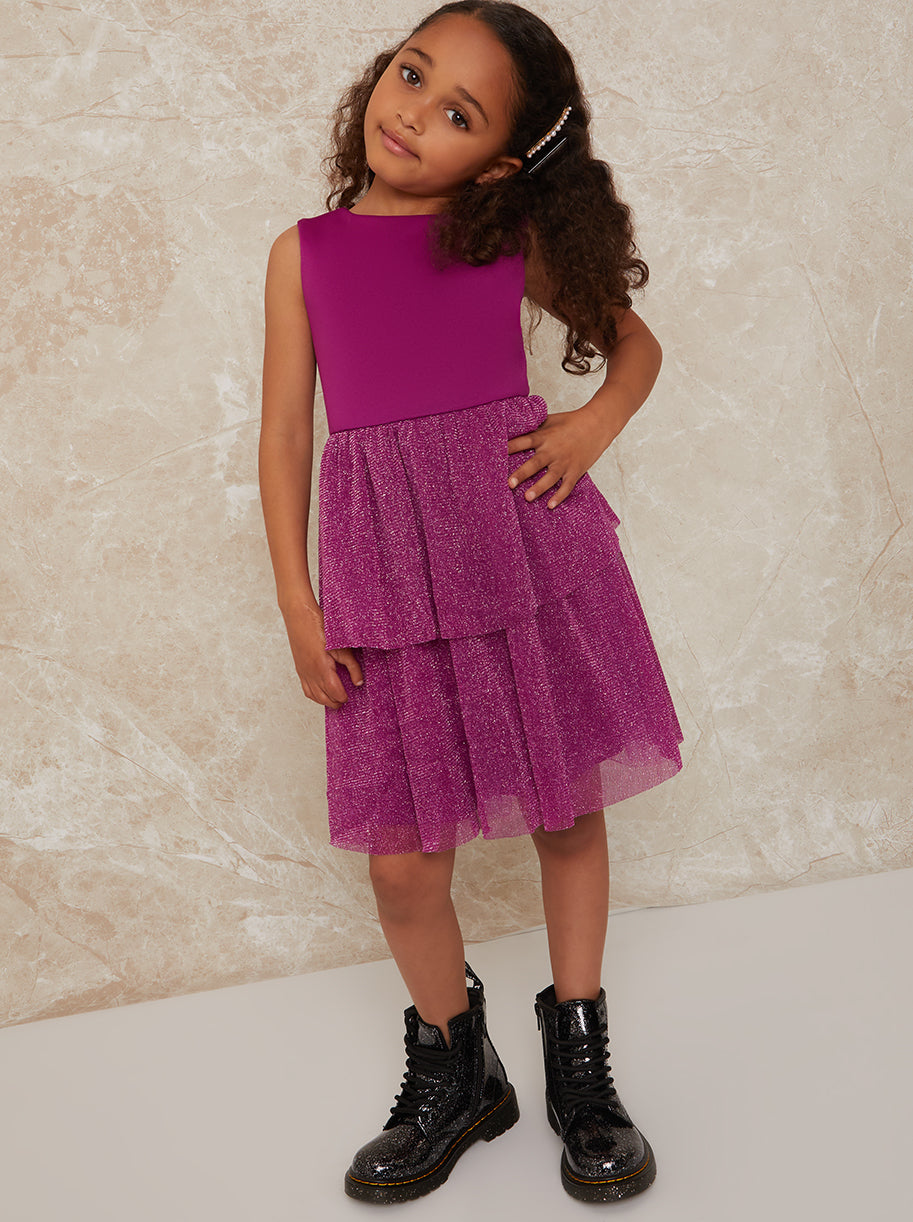 Girls Glitter Tiered Midi Dress in Berry