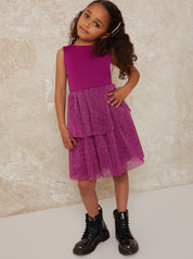 Girls Glitter Tiered Midi Dress in Berry