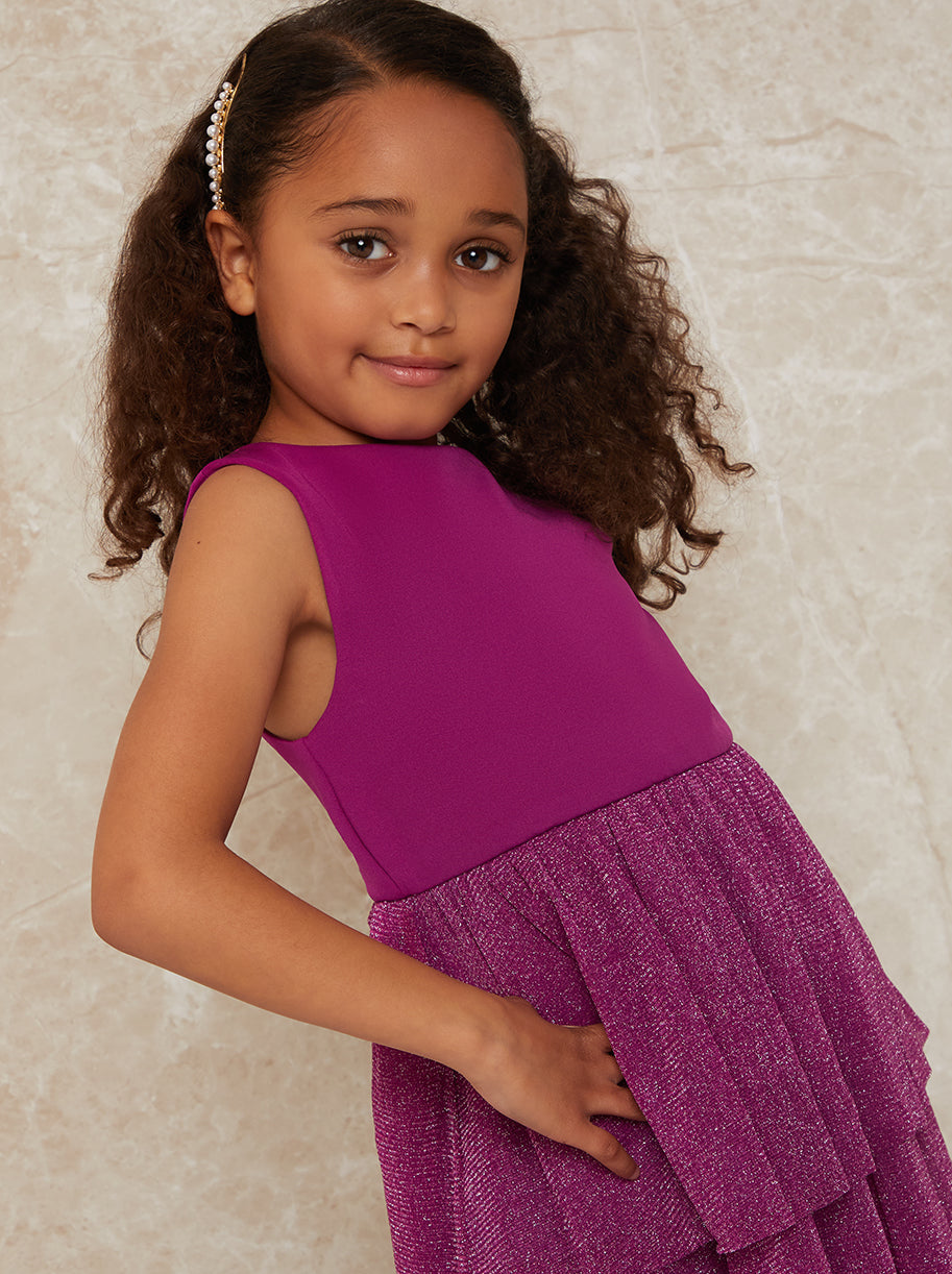 Girls Glitter Tiered Midi Dress in Berry