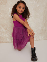 Girls Glitter Tiered Midi Dress in Berry