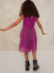 Girls Glitter Tiered Midi Dress in Berry