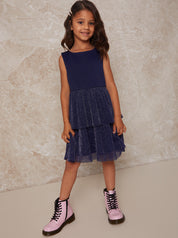 Girls Glitter Tiered Midi Dress in Navy