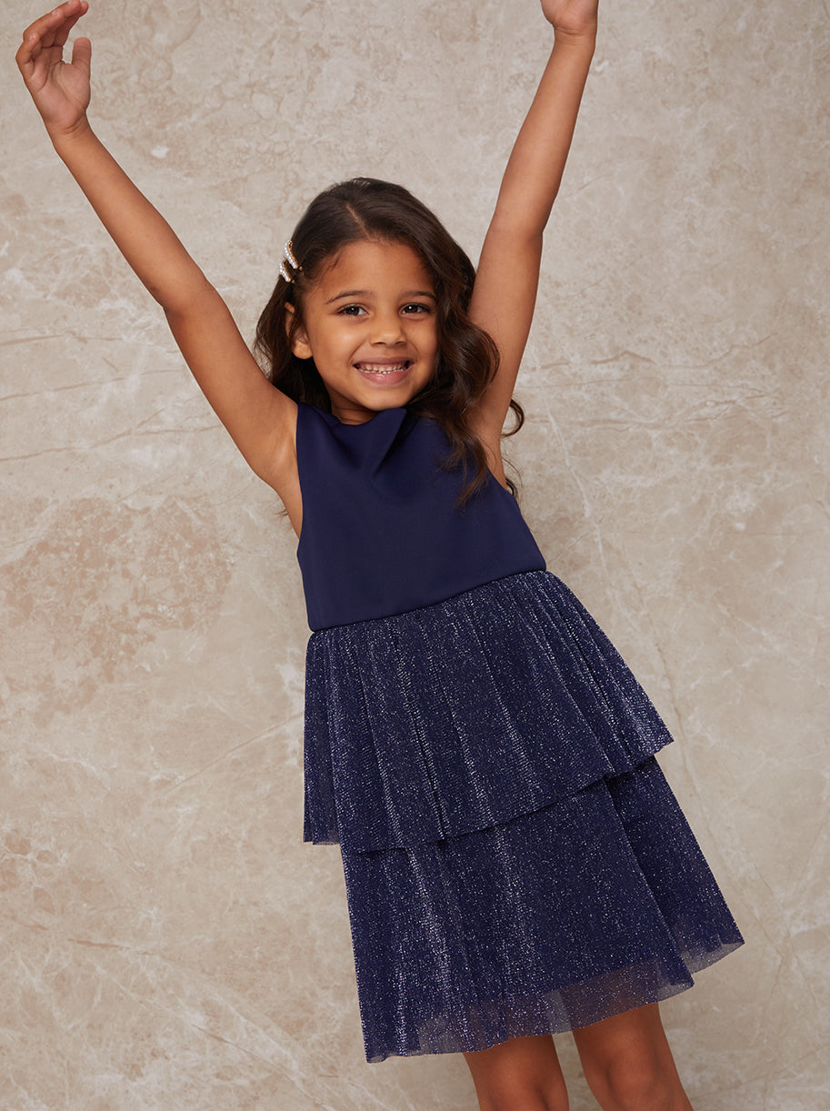 Girls Glitter Tiered Midi Dress in Navy