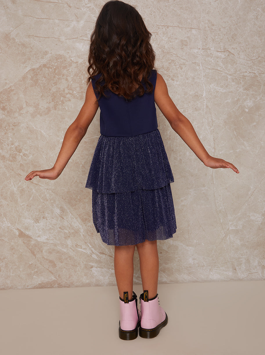 Girls Glitter Tiered Midi Dress in Navy