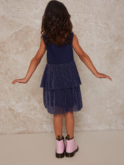 Girls Glitter Tiered Midi Dress in Navy