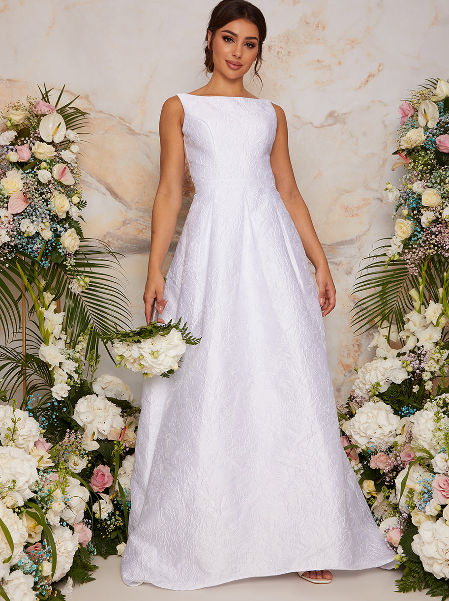 white dress with train Chi Chi Sleeveless Jacquard Wedding Dress with Train in White, Size 8