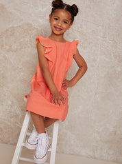 Girls Frill Shoulder Dress in Coral