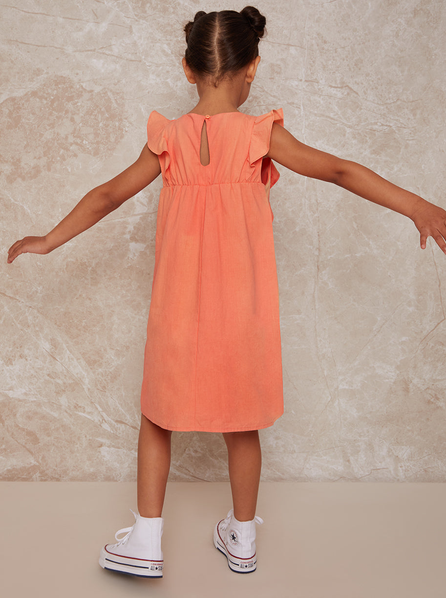 Girls Frill Shoulder Dress in Coral