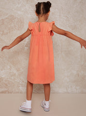 Girls Frill Shoulder Dress in Coral