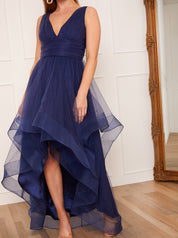 Petite Plunge Neck Tiered Tulle Dip Hem Dress in Navy