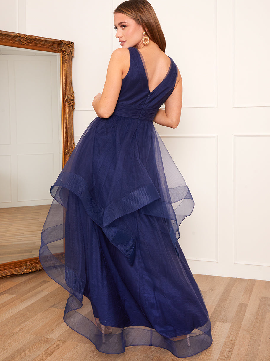Petite Plunge Neck Tiered Tulle Dip Hem Dress in Navy | Chi Chi London UK Petite Plunge Neck Tiered Tulle Dip Hem Dress in Navy | Chi Chi London UK