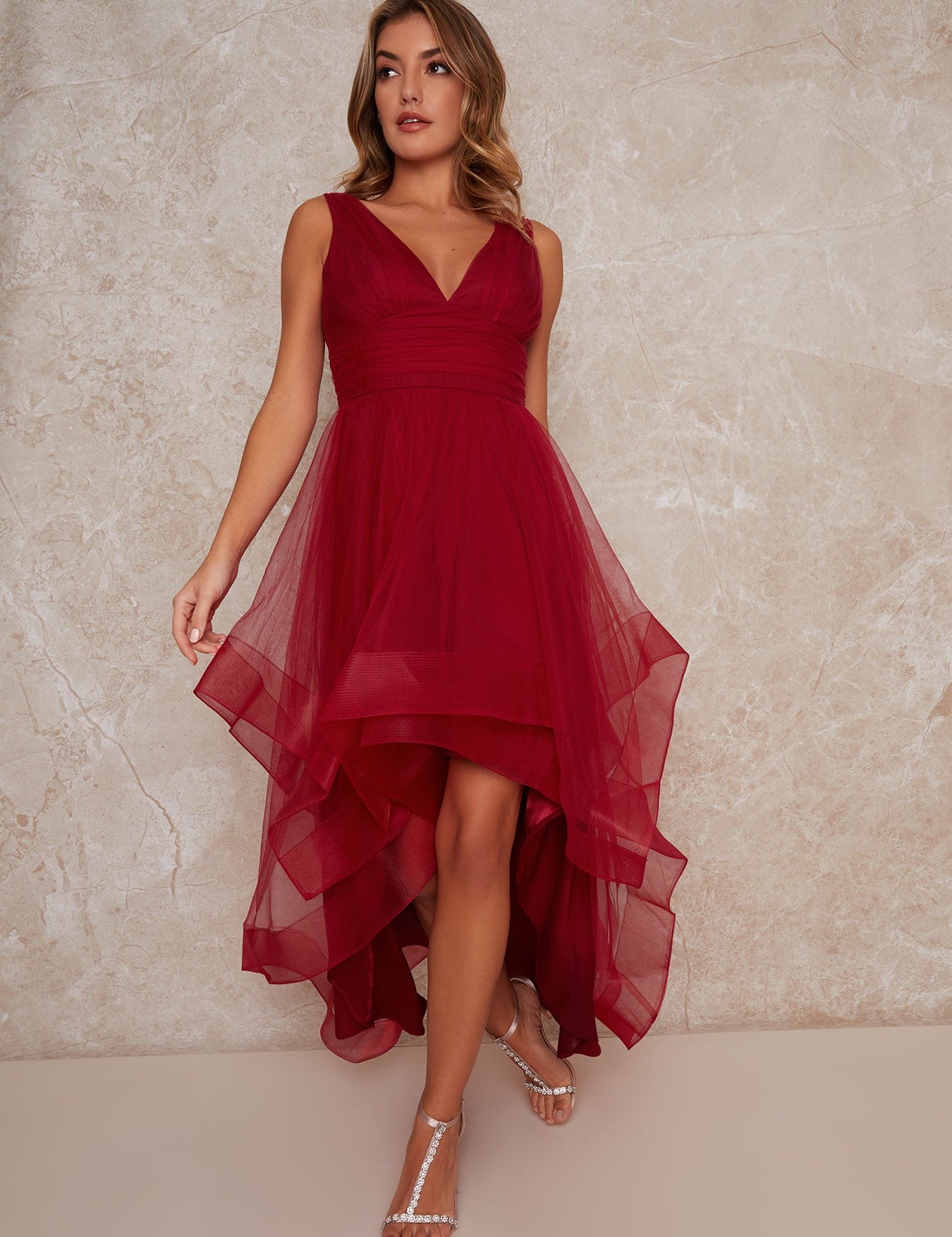 Plunge Neck Tiered Tulle Dip Hem Party Dress in Red